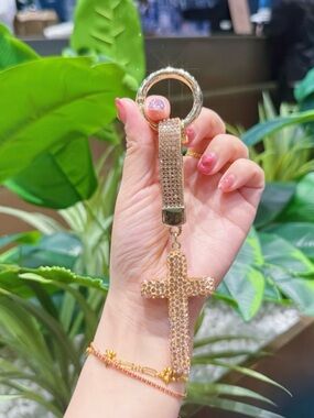 Gold Champagne Crystal Cross Keychain Key & Card Holder